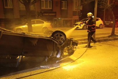 ÇANKIRI'DA TRAFİK KAZASI SONRASI ARAÇ ALEV ALDI